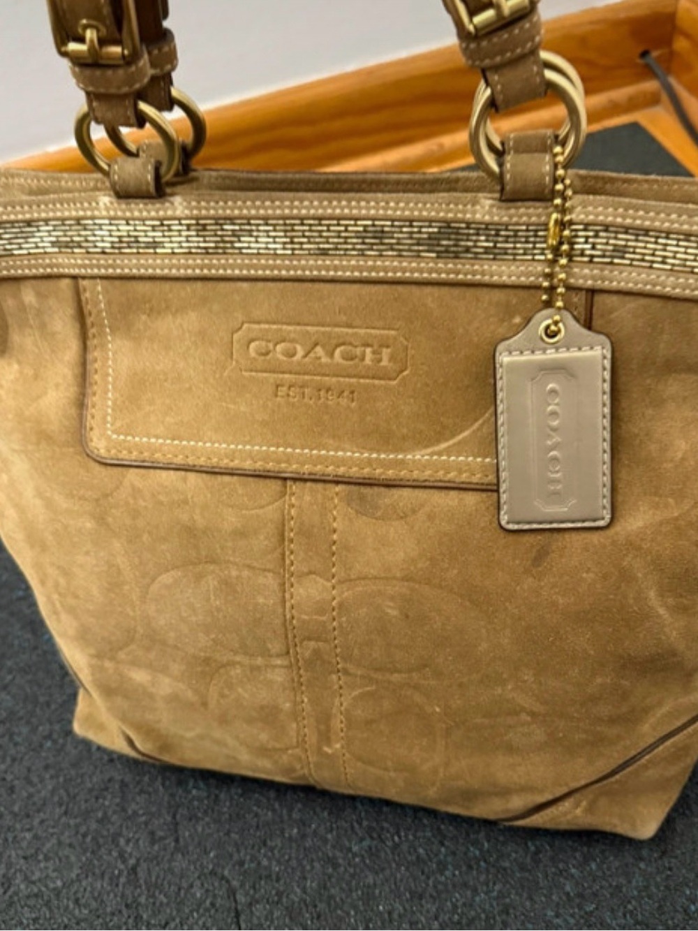 Coach Signature Suede Tote Bag 10442 Tan Brown